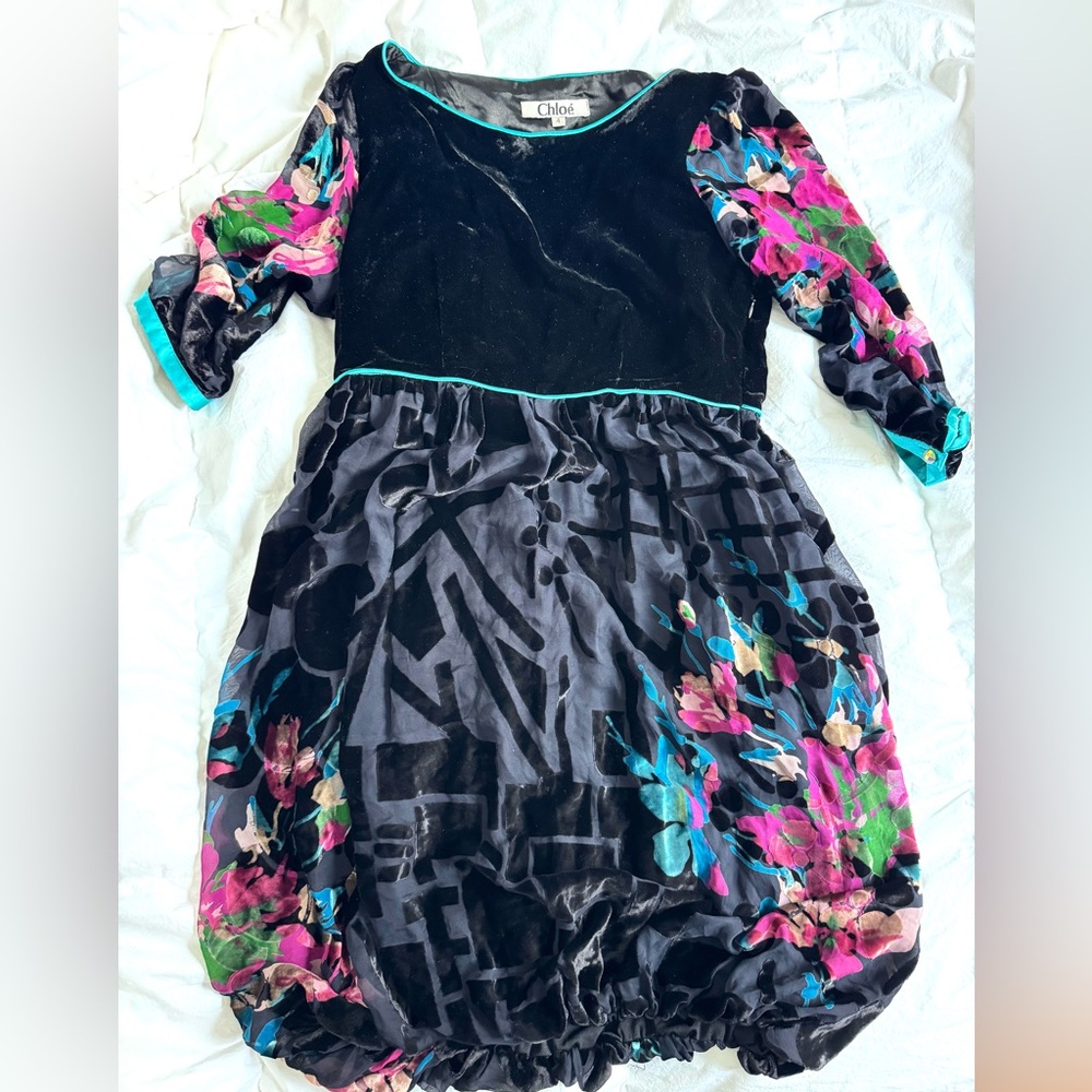 Chloe: Chic Designer Dress: Black & Floral: Velvet/Silk/Satin Detail.(Size 4)